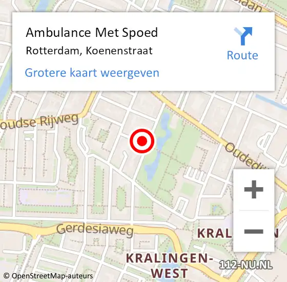 Locatie op kaart van de 112 melding: Ambulance Met Spoed Naar Rotterdam, Koenenstraat op 10 april 2024 19:17