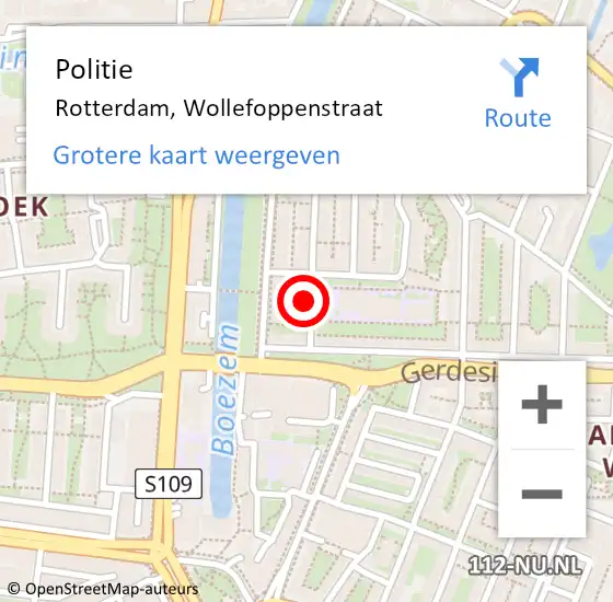 Locatie op kaart van de 112 melding: Politie Rotterdam, Wollefoppenstraat op 10 april 2024 21:06