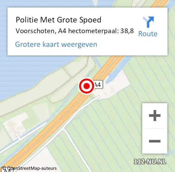 Locatie op kaart van de 112 melding: Politie Met Grote Spoed Naar Voorschoten, A4 hectometerpaal: 38,8 op 10 april 2024 21:19