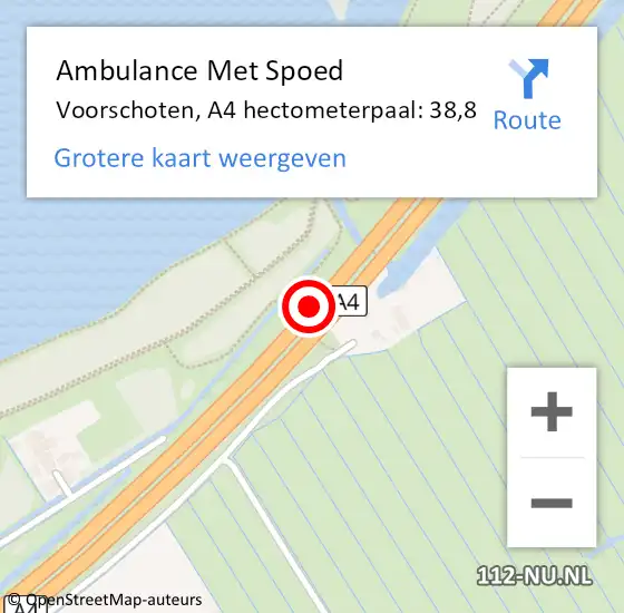 Locatie op kaart van de 112 melding: Ambulance Met Spoed Naar Voorschoten, A4 hectometerpaal: 38,8 op 10 april 2024 21:21