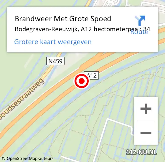 Locatie op kaart van de 112 melding: Brandweer Met Grote Spoed Naar Bodegraven-Reeuwijk, A12 hectometerpaal: 34 op 11 april 2024 00:32