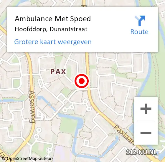 Locatie op kaart van de 112 melding: Ambulance Met Spoed Naar Hoofddorp, Dunantstraat op 11 april 2024 03:12