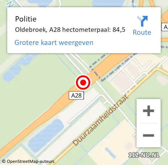 Locatie op kaart van de 112 melding: Politie Oldebroek, A28 hectometerpaal: 84,5 op 11 april 2024 08:05