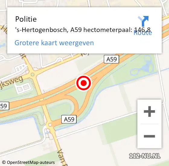 Locatie op kaart van de 112 melding: Politie 's-Hertogenbosch, A59 hectometerpaal: 146,8 op 11 april 2024 08:42