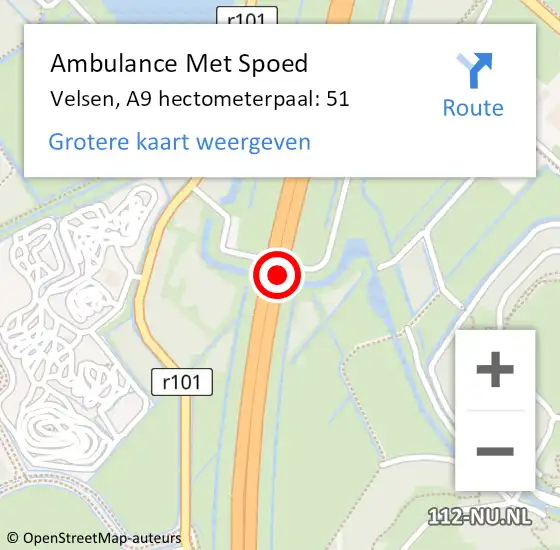 Locatie op kaart van de 112 melding: Ambulance Met Spoed Naar Velsen, A9 hectometerpaal: 51 op 11 april 2024 09:28