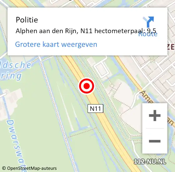 Locatie op kaart van de 112 melding: Politie Alphen aan den Rijn, N11 hectometerpaal: 9,5 op 11 april 2024 10:28