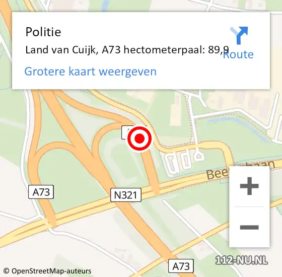 Locatie op kaart van de 112 melding: Politie Land van Cuijk, A73 hectometerpaal: 89,9 op 11 april 2024 10:58