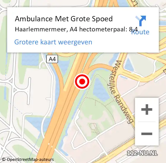 Locatie op kaart van de 112 melding: Ambulance Met Grote Spoed Naar Haarlemmermeer, A4 hectometerpaal: 8,4 op 11 april 2024 13:19