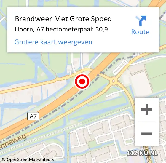 Locatie op kaart van de 112 melding: Brandweer Met Grote Spoed Naar Hoorn, A7 hectometerpaal: 30,9 op 11 april 2024 14:31