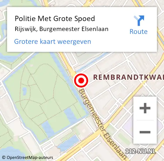 Locatie op kaart van de 112 melding: Politie Met Grote Spoed Naar Rijswijk, Burgemeester Elsenlaan op 11 april 2024 16:06
