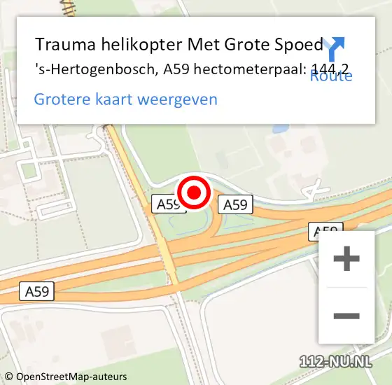 Locatie op kaart van de 112 melding: Trauma helikopter Met Grote Spoed Naar 's-Hertogenbosch, A59 hectometerpaal: 144,2 op 11 april 2024 17:10