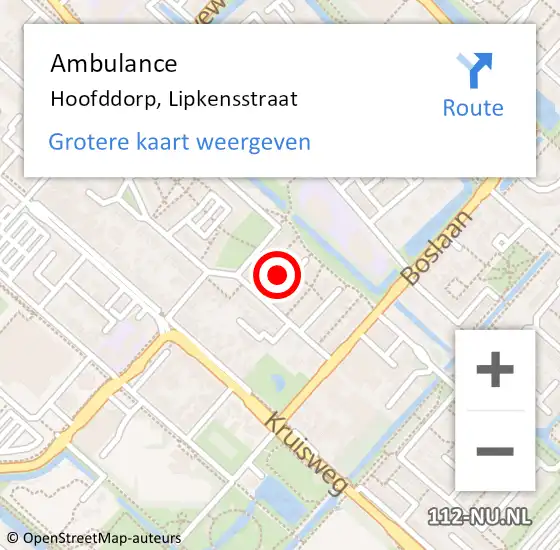 Locatie op kaart van de 112 melding: Ambulance Hoofddorp, Lipkensstraat op 11 april 2024 18:26