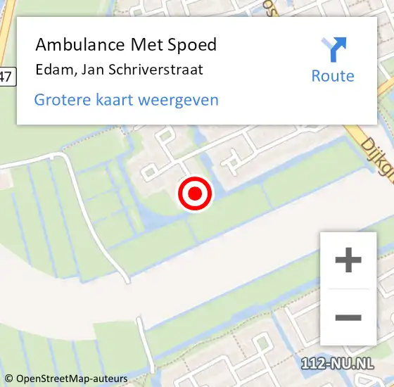 Locatie op kaart van de 112 melding: Ambulance Met Spoed Naar Edam, Jan Schriverstraat op 11 april 2024 19:58