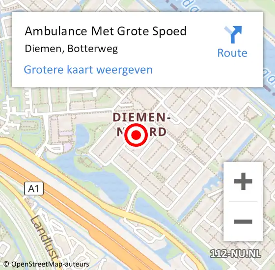 Locatie op kaart van de 112 melding: Ambulance Met Grote Spoed Naar Diemen, Botterweg op 11 april 2024 20:07