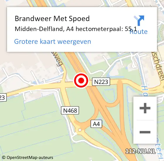 Locatie op kaart van de 112 melding: Brandweer Met Spoed Naar Midden-Delfland, A4 hectometerpaal: 55,1 op 11 april 2024 20:10