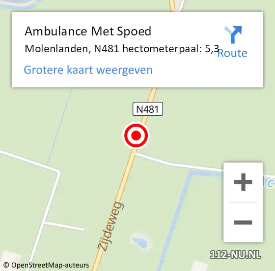 Locatie op kaart van de 112 melding: Ambulance Met Spoed Naar Molenlanden, N481 hectometerpaal: 5,3 op 11 april 2024 22:53