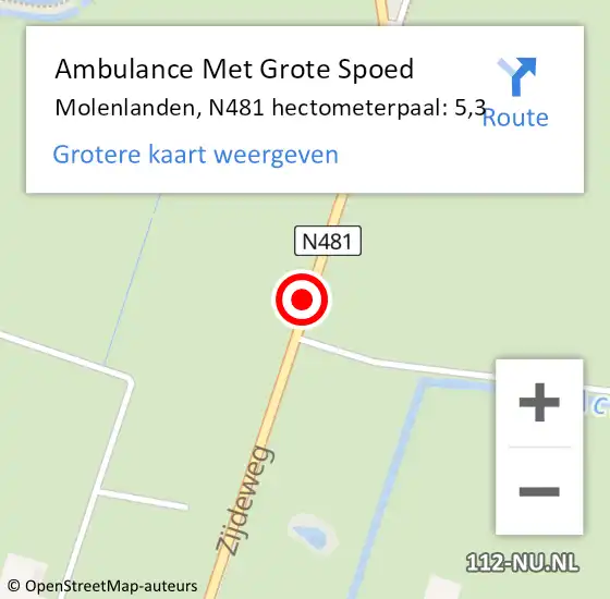 Locatie op kaart van de 112 melding: Ambulance Met Grote Spoed Naar Molenlanden, N481 hectometerpaal: 5,3 op 11 april 2024 22:59