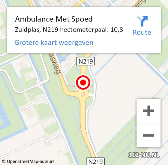 Locatie op kaart van de 112 melding: Ambulance Met Spoed Naar Zuidplas, N219 hectometerpaal: 10,8 op 12 april 2024 02:05