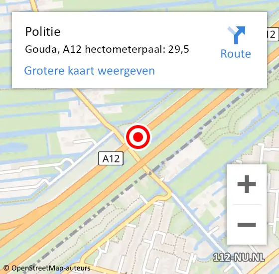 Locatie op kaart van de 112 melding: Politie Gouda, A12 hectometerpaal: 29,5 op 12 april 2024 07:30
