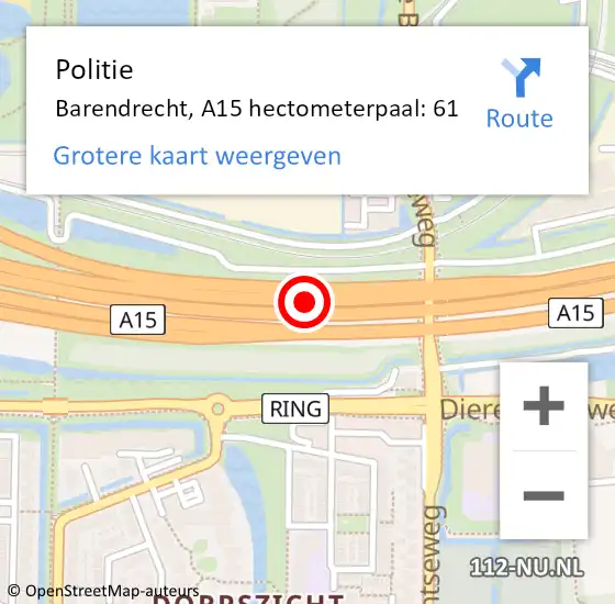 Locatie op kaart van de 112 melding: Politie Barendrecht, A15 hectometerpaal: 61 op 12 april 2024 07:31