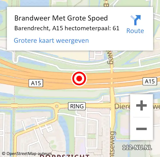 Locatie op kaart van de 112 melding: Brandweer Met Grote Spoed Naar Barendrecht, A15 hectometerpaal: 61 op 12 april 2024 07:33
