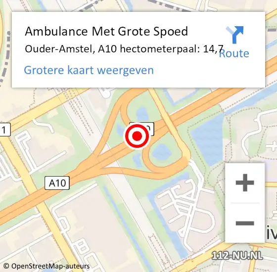 Locatie op kaart van de 112 melding: Ambulance Met Grote Spoed Naar Ouder-Amstel, A10 hectometerpaal: 14,7 op 12 april 2024 08:35