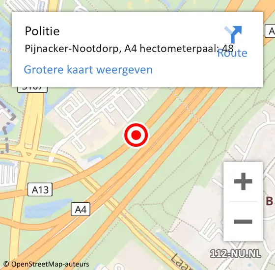 Locatie op kaart van de 112 melding: Politie Pijnacker-Nootdorp, A4 hectometerpaal: 48 op 12 april 2024 09:45