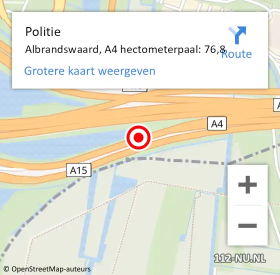 Locatie op kaart van de 112 melding: Politie Albrandswaard, A4 hectometerpaal: 76,8 op 12 april 2024 11:16