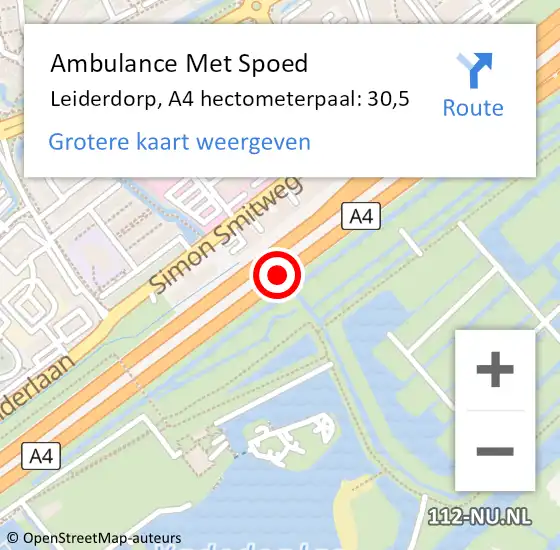 Locatie op kaart van de 112 melding: Ambulance Met Spoed Naar Leiderdorp, A4 hectometerpaal: 30,5 op 12 april 2024 13:01