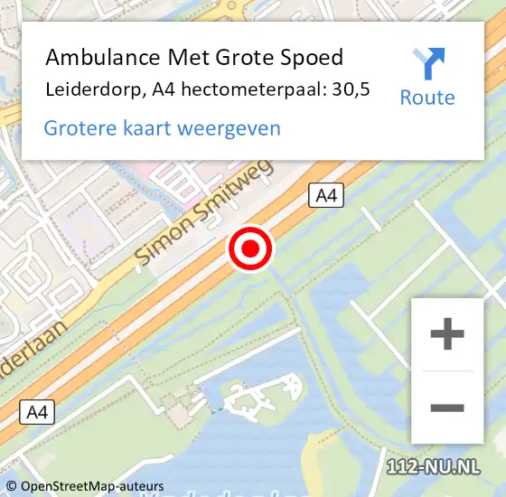 Locatie op kaart van de 112 melding: Ambulance Met Grote Spoed Naar Leiderdorp, A4 hectometerpaal: 30,5 op 12 april 2024 13:02