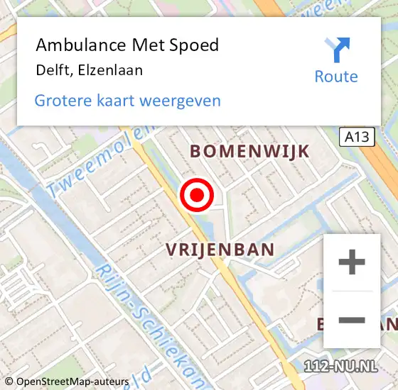 Locatie op kaart van de 112 melding: Ambulance Met Spoed Naar Delft, Elzenlaan op 12 april 2024 13:14