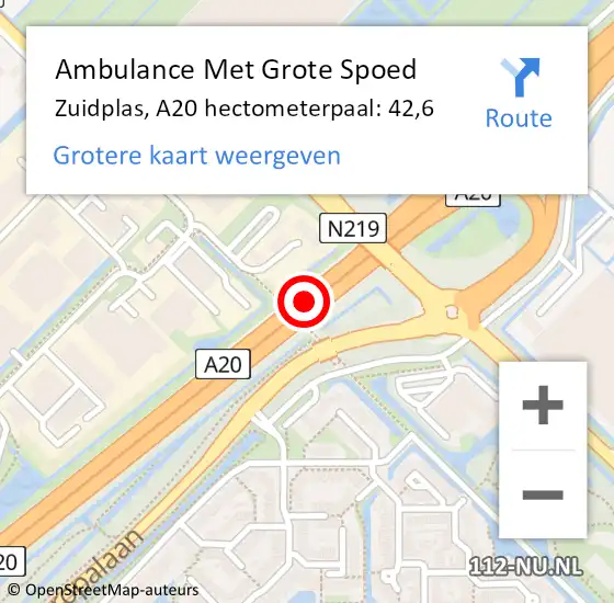 Locatie op kaart van de 112 melding: Ambulance Met Grote Spoed Naar Zuidplas, A20 hectometerpaal: 42,6 op 12 april 2024 14:27