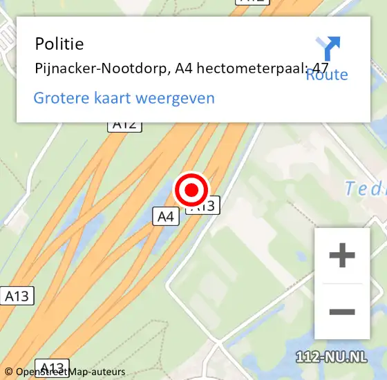Locatie op kaart van de 112 melding: Politie Pijnacker-Nootdorp, A4 hectometerpaal: 47 op 12 april 2024 15:36
