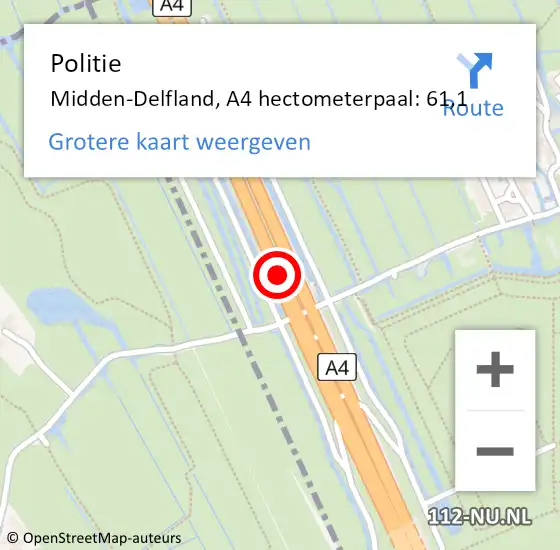 Locatie op kaart van de 112 melding: Politie Midden-Delfland, A4 hectometerpaal: 61,1 op 12 april 2024 16:32