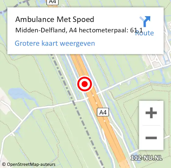 Locatie op kaart van de 112 melding: Ambulance Met Spoed Naar Midden-Delfland, A4 hectometerpaal: 61,1 op 12 april 2024 16:34