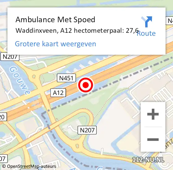 Locatie op kaart van de 112 melding: Ambulance Met Spoed Naar Waddinxveen, A12 hectometerpaal: 27,6 op 12 april 2024 17:00