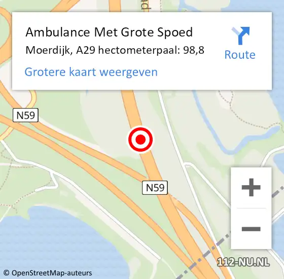 Locatie op kaart van de 112 melding: Ambulance Met Grote Spoed Naar Moerdijk, A29 hectometerpaal: 98,8 op 12 april 2024 17:29