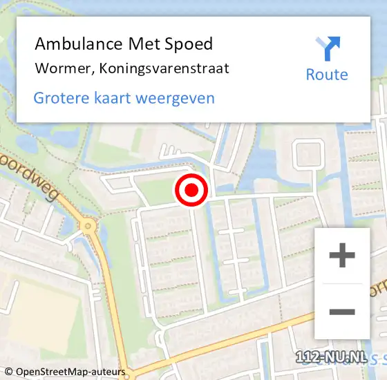 Locatie op kaart van de 112 melding: Ambulance Met Spoed Naar Wormer, Koningsvarenstraat op 12 april 2024 18:20