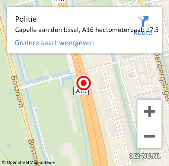 Locatie op kaart van de 112 melding: Politie Capelle aan den IJssel, A16 hectometerpaal: 17,5 op 12 april 2024 18:29