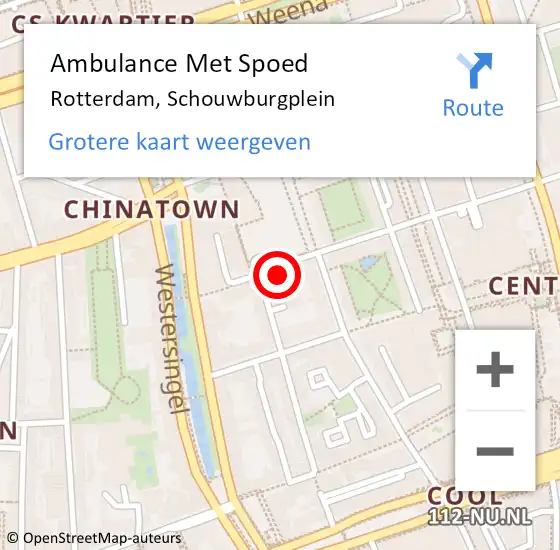 Locatie op kaart van de 112 melding: Ambulance Met Spoed Naar Rotterdam, Schouwburgplein op 12 april 2024 20:09