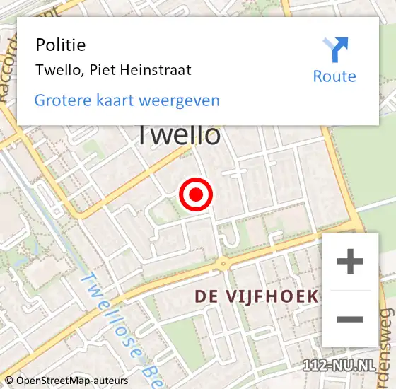 Locatie op kaart van de 112 melding: Politie Twello, Piet Heinstraat op 12 april 2024 21:09