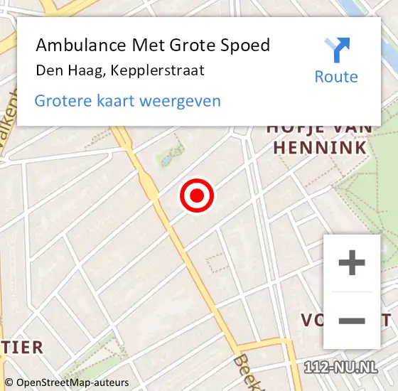 Locatie op kaart van de 112 melding: Ambulance Met Grote Spoed Naar Den Haag, Kepplerstraat op 12 april 2024 22:20