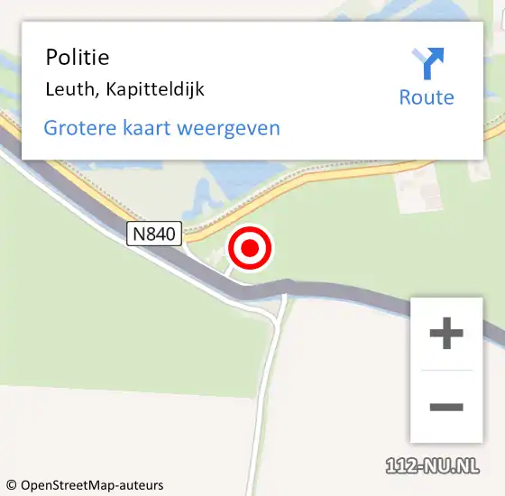 Locatie op kaart van de 112 melding: Politie Leuth, Kapitteldijk op 13 april 2024 01:30