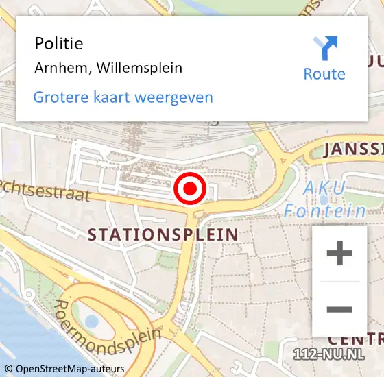 Locatie op kaart van de 112 melding: Politie Arnhem, Willemsplein op 13 april 2024 01:38