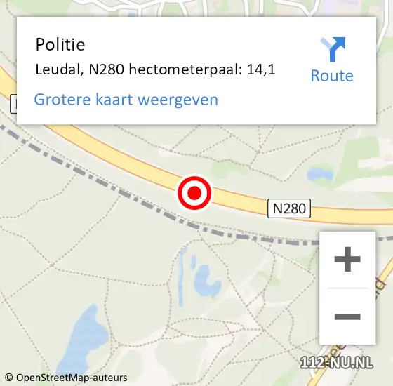 Locatie op kaart van de 112 melding: Politie Leudal, N280 hectometerpaal: 14,1 op 13 april 2024 02:27