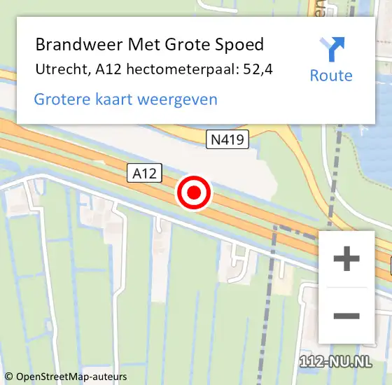 Locatie op kaart van de 112 melding: Brandweer Met Grote Spoed Naar Utrecht, A12 hectometerpaal: 52,4 op 13 april 2024 05:16