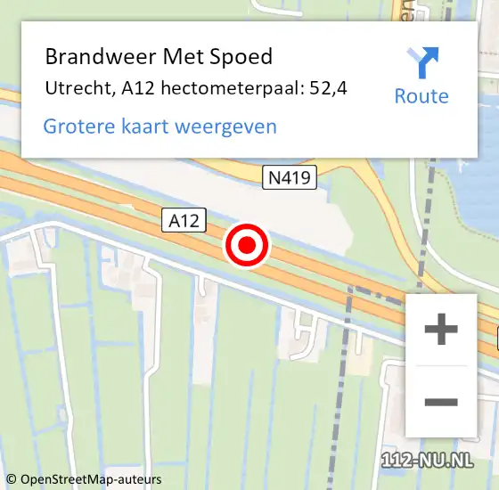 Locatie op kaart van de 112 melding: Brandweer Met Spoed Naar Utrecht, A12 hectometerpaal: 52,4 op 13 april 2024 05:33