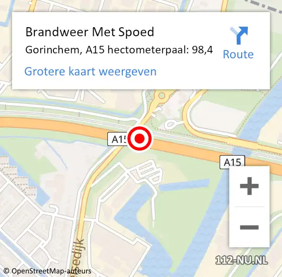 Locatie op kaart van de 112 melding: Brandweer Met Spoed Naar Gorinchem, A15 hectometerpaal: 98,4 op 13 april 2024 07:53