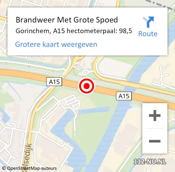 Locatie op kaart van de 112 melding: Brandweer Met Grote Spoed Naar Gorinchem, A15 hectometerpaal: 98,5 op 13 april 2024 07:56