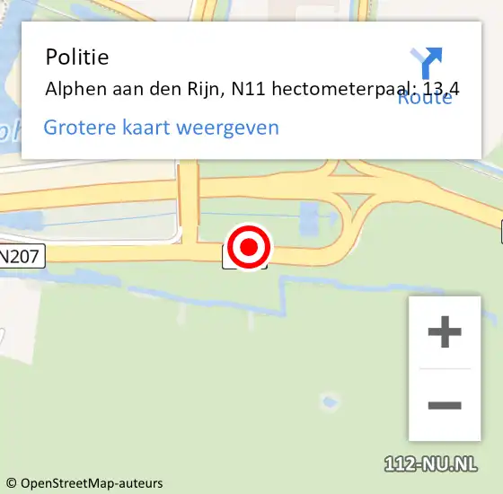 Locatie op kaart van de 112 melding: Politie Alphen aan den Rijn, N11 hectometerpaal: 13,4 op 13 april 2024 11:24